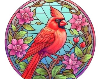 Diamond Art Painting Kit, DIY Full ROUND Drill Bead 13.7” x 13.7” Canvas, MOSAIC Red Cardinal w/ Pink Flowers, Stained Glass Bird Nature Art