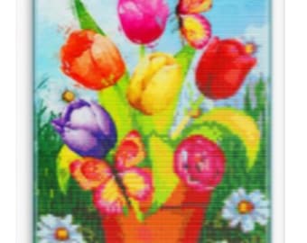 Colorful TULIPS w/ Pink, Orange, & Yellow Butterflies, Diamond Art Painting Kit, DIY Full ROUND Drill Bead, 11.8” x 15.7” (aka 12x16) Canvas