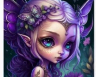 Diamond Art Painting Kit, DIY Full ROUND Drill Bead, 11.8” x 11.8” (aka 12x12) Canvas, BEAUTIFUL Purple Fairy leprechaun Girl, Pretty Wings