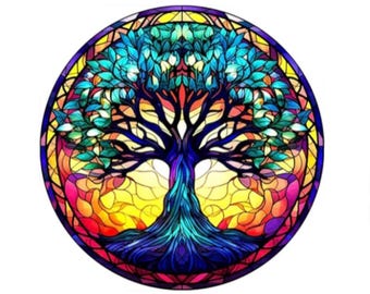 Diamond Art Painting Kit, DIY Full ROUND Drill Bead, 13.7”x 13.7” Canvas, COLORFUL Tree of Life Mosaic Stained Glass Art, Wall Art Decor