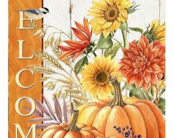 Diamond Art Painting Kit, DIY Full ROUND Drill Bead, 11.8” x 15.7” Canvas FALL ! Rustic Welcome Sign w/ Bird, Pumpkins & Flowers, Last One !