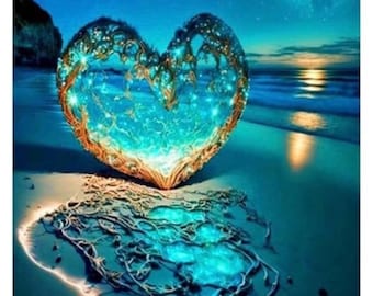 Diamond Art Painting Kit, DIY Full ROUND Drill Bead, 11.8” x 15.7” Canvas, Glass Bubble Heart on BEACH w/ Moon, Ocean Home Wall Art Decor