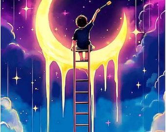 Diamond Painting Kit, DIY Full ROUND Drill Bead 11.8” x 15.7” Canvas Boy PAINTING Moon w/ Clouds & Stars, Colorful Night Inspirational Art