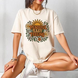 Peaceful Easy Feeling T-shirt, Boho Floral Graphic Shirt, Positive Vibes Tee, Sunflower Design Shirt, Retro Inspired T-shirt, Peace and Love