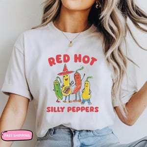 Red Hot Silly Peppers T-Shirt with Fun and Colorful Pepper Graphic, Cute and Playful Tee for Food Lovers, Perfect for Casual Wear Tee