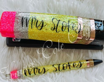 Glitter Pencil Style Teacher Stapler and Pen Set