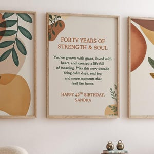 Regalo de 40 cumpleaños para ella, juego de arte de pared personalizado con nombre personalizado, impresión digital de letras de 3 piezas, mensaje de cumpleaños floral vintage