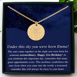 Collar con mapa estelar por fecha, regalo de cumpleaños número 21 para ella, joyería personalizada para mujer, recuerdo único, regalo de feliz cumpleaños número 21