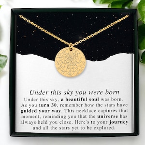Regalo de cumpleaños número 30 para ella Mapa estelar por fecha personalizado, collar de cielo personalizado, joyería de cumpleaños importante, regalo único para mujeres que cumplen 30 años