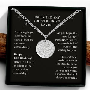 Cadeau d'anniversaire de 18 ans pour fils, collier cubain personnalisé de carte des étoiles, cadeau sentimental de maman à fils, bijoux personnalisés de carte des étoiles, cadeau personnalisé pour fils