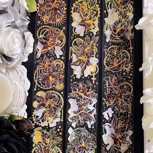 Elegante gouden donkere leliebloemen PET-doorzichtige tape, cadeauverpakking, kaarten maken, washi-tape, decoratieve tape, scrapbooking, tijdschriften