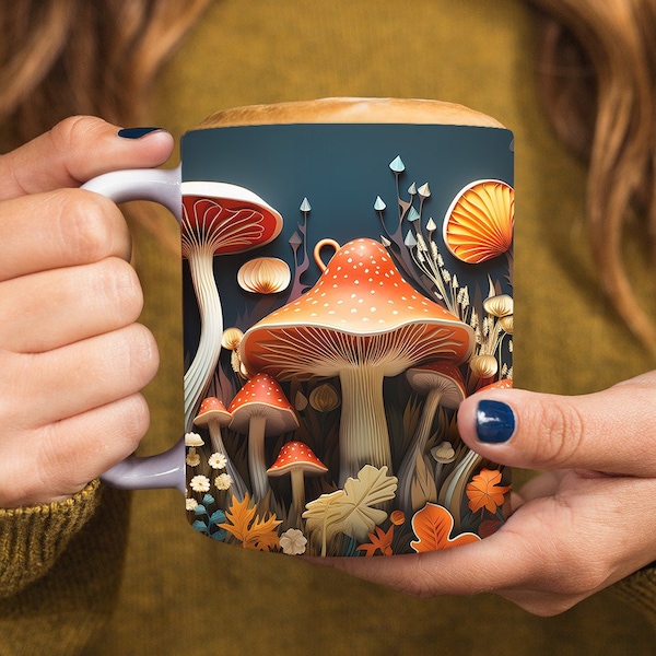 3D Mushrooms Mug, Mushroom Mug PNG, 3D Owl Mug Design, 3D Flower Mug, 3D Mural Mug, 11oz 15oz Mug Sublimation Wrap, Digital Download