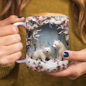 Polar Bear Mug Wrap Design, 11oz & 15oz Mug Template, 3D Hole In A Wall Mug Sublimation Design, Mug Wrap Template, Mug Digital Download PNG