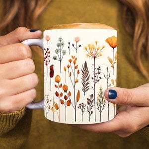 Pressed Flowers Mug Wrap Sublimation, Boho Fall Wildflowers Cottagecore Coffee Mug, Vintage Botanical Tea Cup, 11oz 15oz Mug Template Design