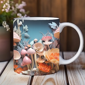 3D Mushrooms Mug, Mushroom Mug PNG, 3D Owl Mug Design, 3D Flower Mug, 3D Mural Mug, 11oz 15oz Mug Sublimation Wrap, Digital Download