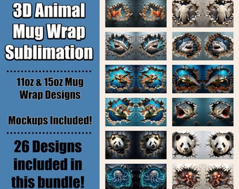 3D Animal Mug Wrap Sublimation Designs, 3D Mug Wrap Bundle PNG, 3D Mug Wrap, 11oz 15oz Mug PNG Mug Bundle, 3D Mug Sublimation Bundle