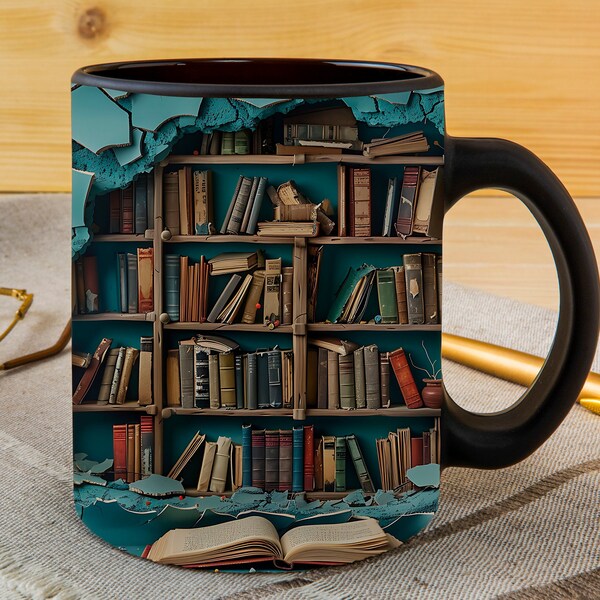 3D Book Mug Wrap Design, 11oz & 15oz Mug Wrap Design, 3D Bookshelf Mug Sublimation, Coffee Mug Png, 15oz Mug PNG Book Lover Mug Coffee Mug