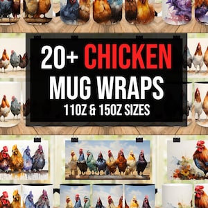 20+ Chicken Watercolor Art Mug Wrap, 11oz & 15oz Mug Press Sublimation Wrap, 3D Mug Wrap 3D Chicken Mug, 3D Farm Mug Design Sublimation PNGs