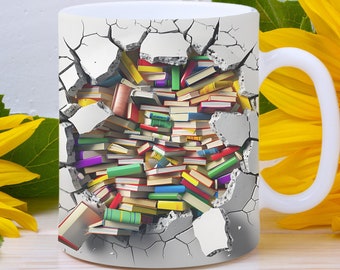 3D Book Mug Wrap, 11oz 15oz 3D Bookshelf Mug Wrap Sublimation Design PNG, 3D Book Lover Mug Wrap, Coffee Cup Template 3D Mug Press Design