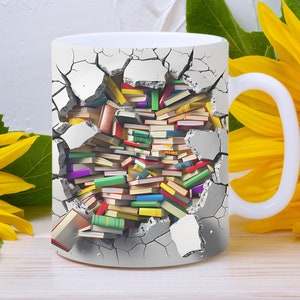 3D Book Mug Wrap, 11oz 15oz 3D Bookshelf Mug Wrap Sublimation Design PNG, 3D Book Lover Mug Wrap, Coffee Cup Template 3D Mug Press Design