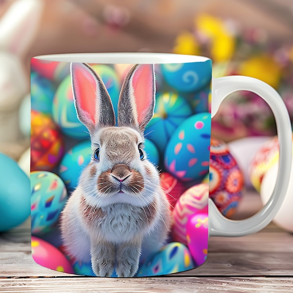 Cute Easter Bunny Mug Wrap Design PNG, 11oz & 15oz Easter Mug Wrap Design, 3D Easter White Rabbit Mug Sublimation, Instant Download PNG