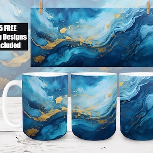 Blue Marble Sublimation Mug with Gold Highlights, Marble Design, 11oz 15oz Mug Sublimation, Digital Design, PNG File Download, Marble Art