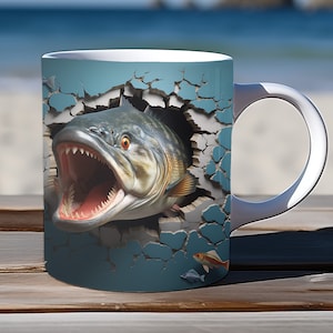 3D Fish Cracked Wall Mug Wrap Sublimation PNG Design, 3D Mug Wrap PNG, 3D Animal Mug, 11oz 15oz Mug PNG Template, 3D Mug Sublimation png