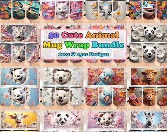 3D Cute Animals Mug Wrap Design Bundle, 11oz 15oz Coffee Mug Sublimation Template, 3D Crack Hole Art Mug Sublimation, Digital Download