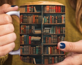 3D Book Mug Wrap, 11oz 15oz 3D Bookshelf Mug Wrap Sublimation Design PNG, 3D Book Lover Mug Wrap, Coffee Cup Template 3D Mug Press Design