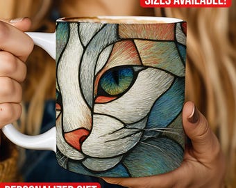 White Cat Stained Glass Mug, Colorful Cat Lover Art, Ceramic Coffee Cup (11oz 15oz)