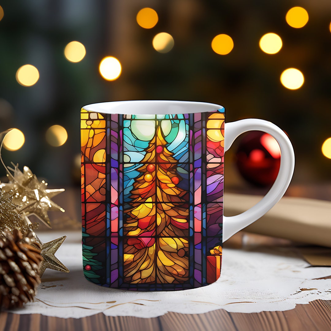 Stained Glass Christmas Tree Mug Wrap Design, 11oz and 15oz Coffee Mug