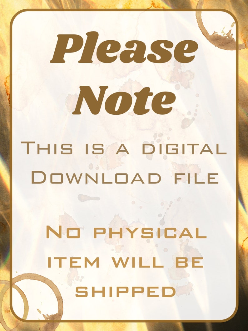 K&ouml;nnte beinhalten: Ein Hinweis auf ein digitales Download-File mit braunem Text auf wei&szlig;em Hintergrund mit Kaffeeflecken. Der Text lautet "Bitte beachten Sie: Dies ist ein digitales Download-File. Es wird kein physischer Artikel versandt."
