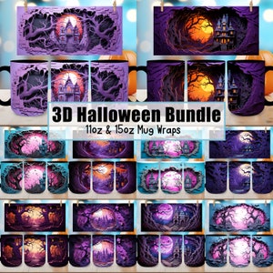 May include: A collection of Halloween-themed mug wraps and designs. The designs feature spooky castles, trees, and full moons in shades of purple, orange, and black. The text "3D Halloween Bundle" is displayed, along with "11oz & 15oz Mug Wraps."