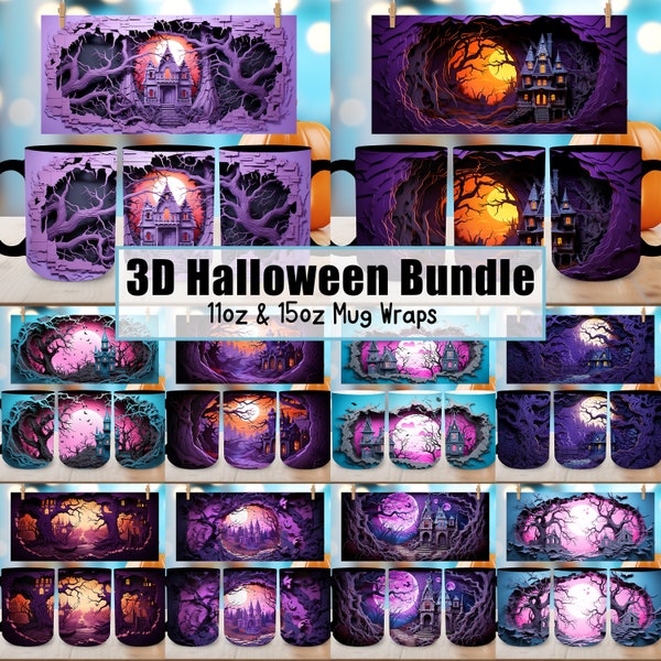 3D Halloween Scary Haunted House Mug Wrap Bundle, 10 Halloween Cracked Hole Mug Wraps, 11oz 15oz Mug Bundle, 3D Mug Sublimation Pngs & Jpgs