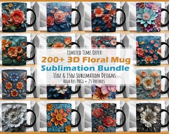 3D Blumenbecher Wrap Mega Bundle, 3D Blumen Blumen Becher Sublimationsdesign PNGs, 11 Unzen 15 Unzen Becher Wrap Bundle, hübscher Kaffeeteetasse Becher PNG
