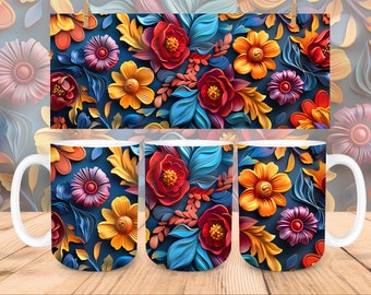 3D Blumenbecher Wrap, 3D-Becher-Sublimationsdesign PNGs, 3D-Blumen-Becher-Sublimationsvorlage, 11 Unze 15 Unze Becherverpackung, hübsche Becherverpackung PNG