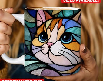 Taza de café con diseño de gato de vitral, taza de café de cerámica de vitral con temática de libros, 11 oz y 15 oz, regalo