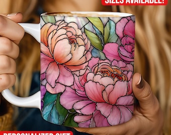 Stained Glass Botanical Floral Mug, Glass Plants Ceramic Coffee Cup 11oz or 15oz
