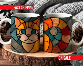 Taza de café con diseño de gato de vitral, taza de café de cerámica de vitral con temática de libros, 11 oz y 15 oz, regalo