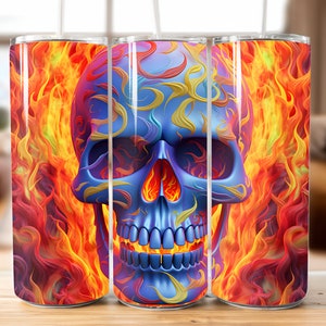 Schädel auf Feuer Grafikkunst, lebendige Farben, 3D-Schädel-Design, 20 Unzen Skinny Sublimation Tumbler Wrap, digitales Design, PNG Datei-Download