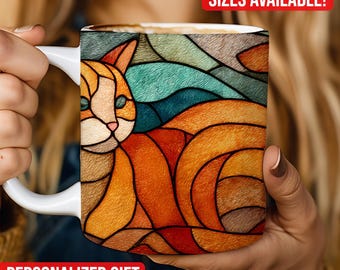 Taza de vitral con diseño de gato, ideal para amantes de los libros, ideal para leer, de cerámica, 325 ml y 433 ml.