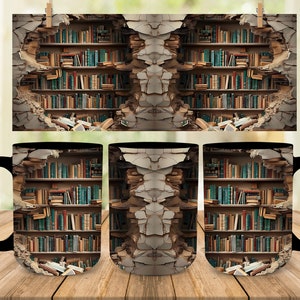 3D Library Book Mug Wrap PNG, 11oz 15oz Book Mug Wrap Design, 3D Bookshelf Coffee Mug Sublimation, Coffee Lover Mug Instant Digital Download