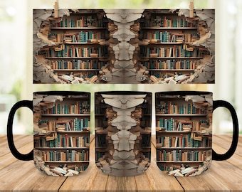 3D Library Book Mug Wrap PNG, 11oz 15oz Book Mug Wrap Design, 3D Bookshelf Coffee Mug Sublimation, Coffee Lover Mug Instant Digital Download