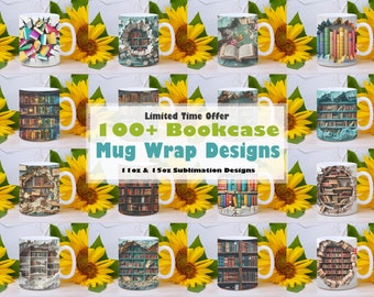 100+ Book Mug Wrap Bundle PNG, Book Lover Mug Sublimation Designs, 11oz & 15oz Coffee Cup Template, Library Bookcase Mug Press Designs pngs