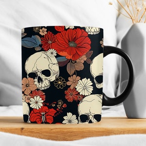 Skull Sublimation Mug Wrap Design PNG, 11oz & 15oz Skulls Mug Template, Digital Download Mug Wrap Sublimation Wrap Floral Skull