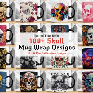 May include: A collection of 11oz and 15oz sublimation mug designs featuring various skull illustrations. The designs include colourful, black and white, and detailed skull graphics with floral, geometric, and abstract patterns.
