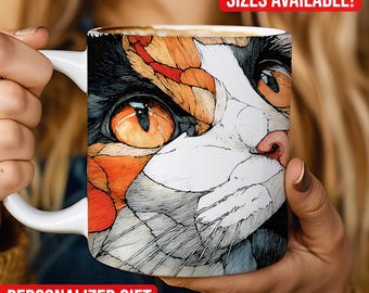 Taza de café con diseño de gato de vitral, taza de café de cerámica de vitral con temática de libros, 11 oz y 15 oz, regalo