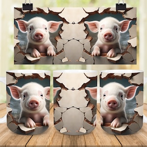 3D varken gebarsten muur mok wrap sublimatie PNG ontwerp, 3D mok wrap PNG, 3D dieren mok, 11oz 15oz mok PNG sjabloon, varken mok sublimatie png