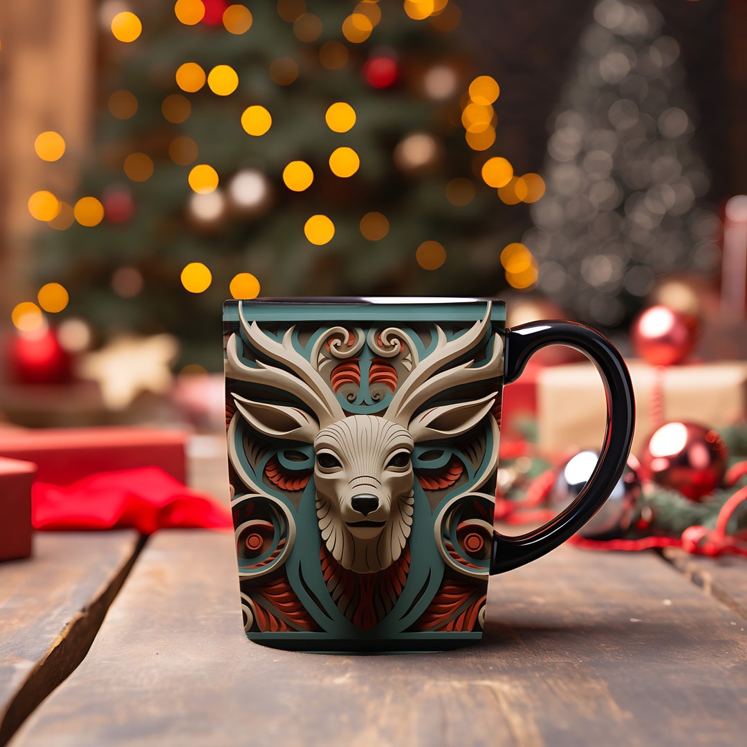 3D Christmas Mug Wrap Sublimation Design, 3D Jolly Reindeer Mug Wrap ...