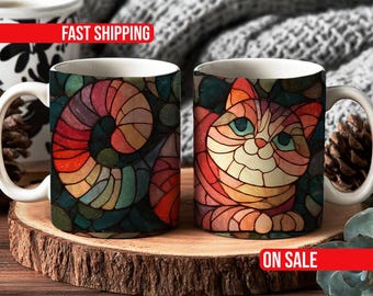 Taza de café con diseño de gato de vitral, taza de café de cerámica de vitral con temática de libros, 11 oz y 15 oz, regalo